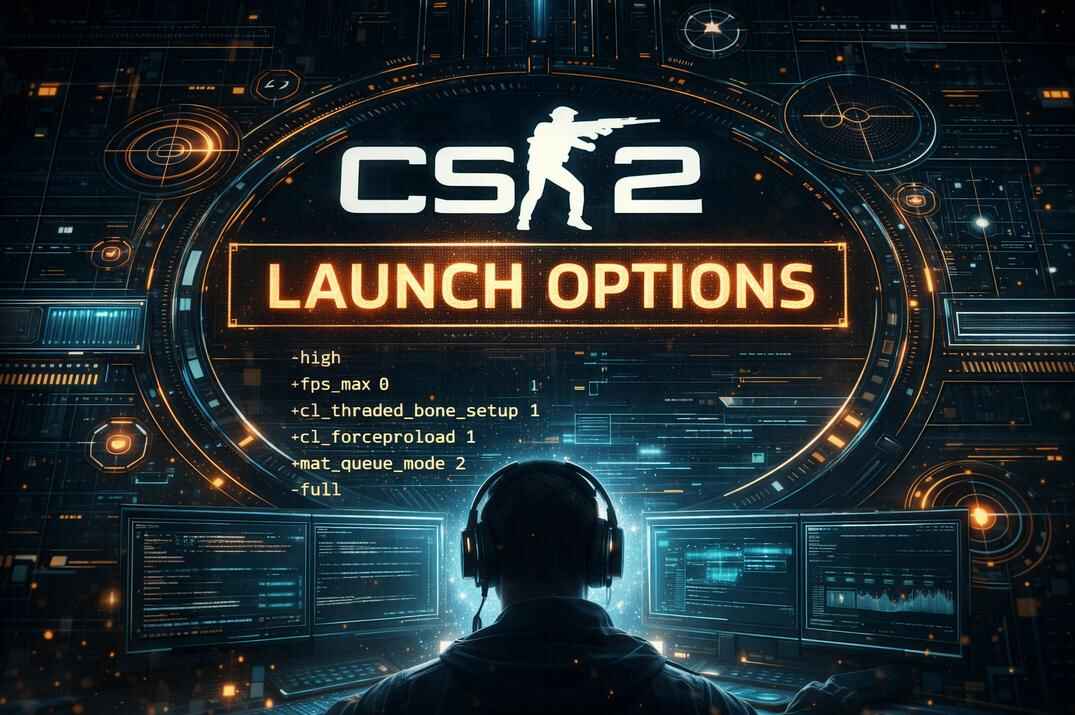 CS2 launch options concept showing Counter-Strike 2 interface and technical startup parameters