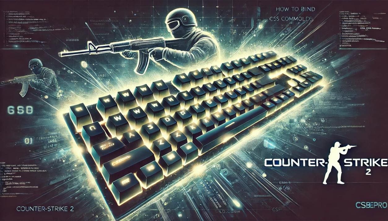 A glowing keyboard with highlighted keys, virtual code lines, and the Counter-Strike 2 logo, showcasing a gaming-themed design for binding console commands.