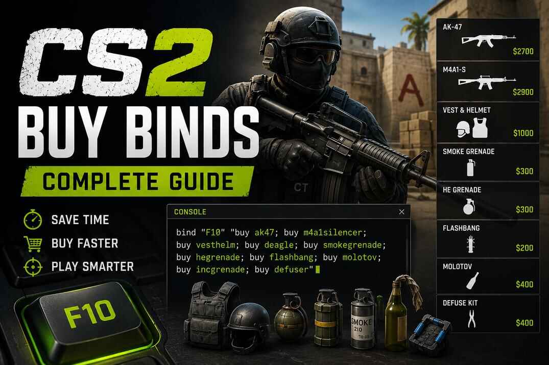 CS2 buy binds guide cover with a Counter-Terrorist, buy commands, weapon prices, grenades, armor, and an F10 key