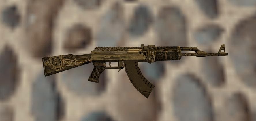 A close-up of the AK-47 Black Cartel skin model in Counter-Strike 1.6, featuring intricate engravings and a dark, metallic finish.