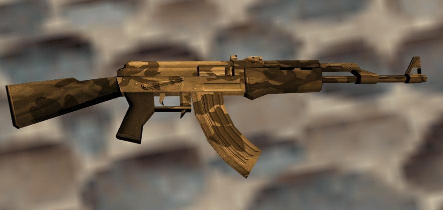 A close-up of the AK-47 Brown skin model in Counter-Strike 1.6, showcasing a camo-style brown and beige design.