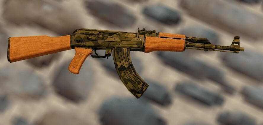 A close-up of the AK-47 Camouflage skin model in Counter-Strike 1.6, featuring a green and wood camo pattern