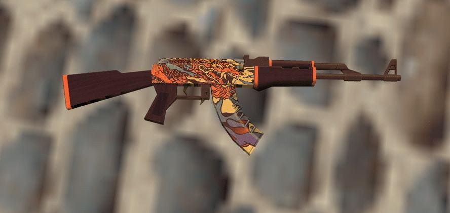 A close-up of the AK-47 Dragon King skin model in Counter-Strike 1.6, featuring a vibrant design with a dragon motif in red, orange, and blue.