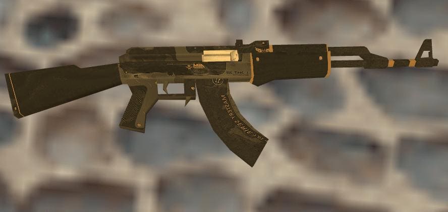 A close-up of the AK-47 Elite Build skin model in Counter-Strike 1.6, featuring a sleek black and gold design with subtle tactical elements.