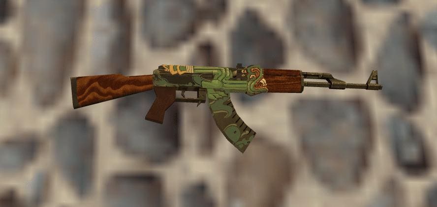 Close-up view of the AK-47 Fire Serpent skin in Counter-Strike 1.6, featuring a vibrant green and brown serpent design with wooden accents.