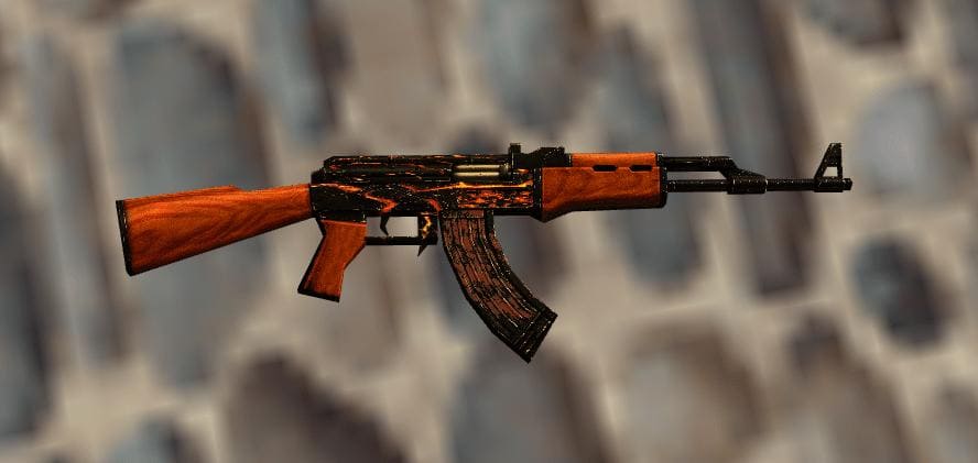 Close-up view of the AK-47 Fire skin in Counter-Strike 1.6, highlighting the vibrant orange and black finish with wooden stock details.