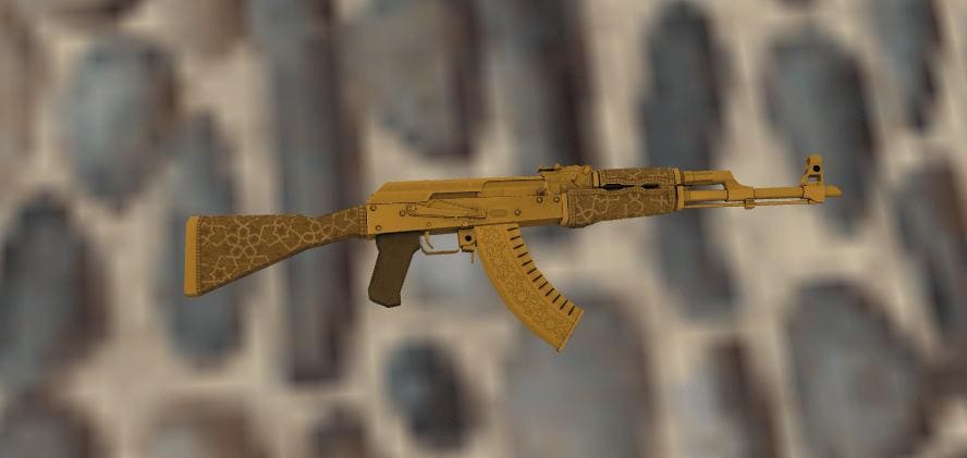 Close-up view of the AK-47 Gold Arabesque skin in Counter-Strike 1.6, featuring an elegant golden design with intricate arabesque patterns.