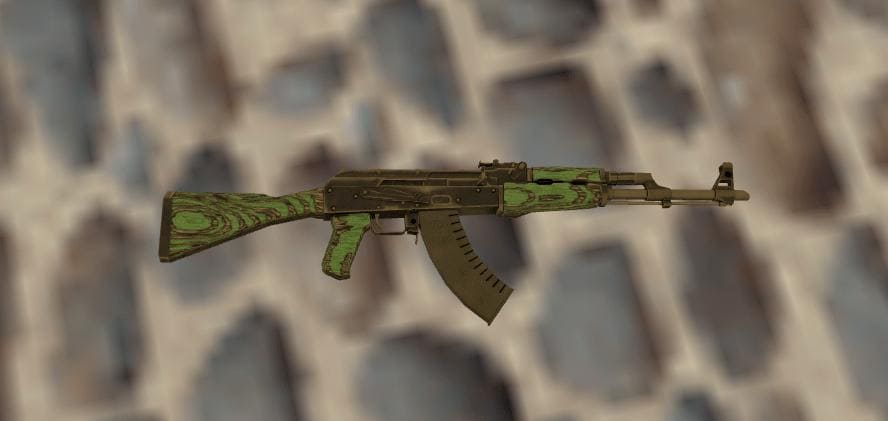 Close-up view of the AK-47 Green Laminate skin in Counter-Strike 1.6, featuring a vibrant green and black wood grain design.