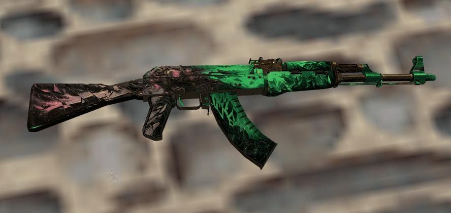 Close-up view of the AK-47 Illusion skin in Counter-Strike 1.6, featuring a vivid mix of green and black patterns with a surreal, abstract design.