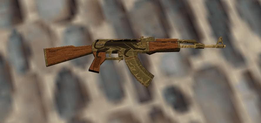 Close-up view of the AK-47 Jaguar skin in Counter-Strike 1.6, featuring a sleek brown and gold design with jaguar-inspired patterns.