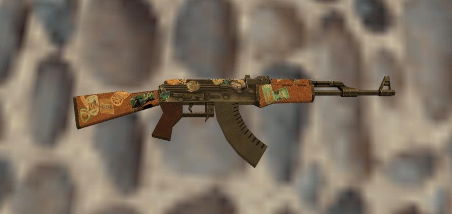 Close-up view of the AK-47 Jet Set skin in Counter-Strike 1.6, featuring a travel-themed design with vibrant stickers and a leather-textured finish.