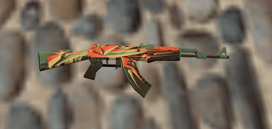 AK-47 Point Disarray skin featuring a green and red camouflage pattern with intricate designs.