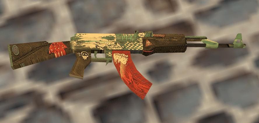 A close-up view of the AK-47 Rise skin in Counter-Strike 1.6, featuring vibrant artwork with a red magazine and green accents.