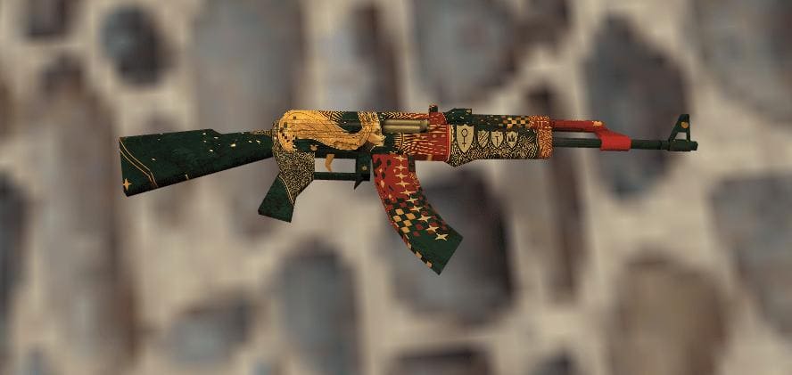 A close-up view of the AK-47 The Empress skin in Counter-Strike 1.6, showcasing its royal and intricate design with a vibrant color palette.