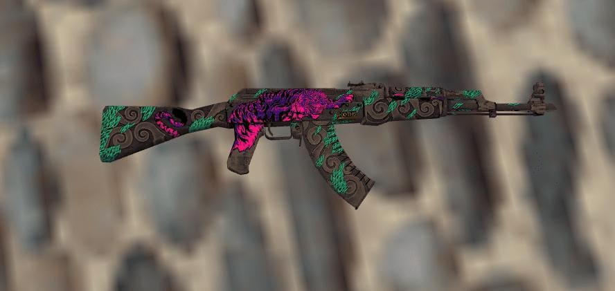 A close-up view of the AK-47 Tigerstrike skin in Counter-Strike 1.6, featuring a vivid purple tiger pattern with green accents.