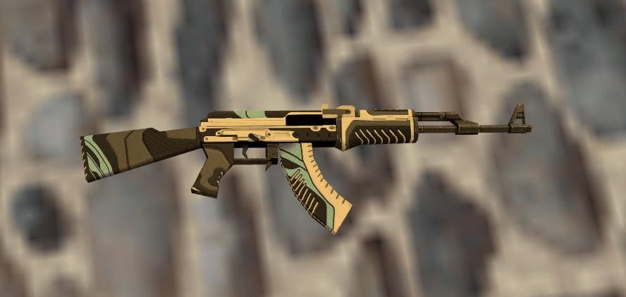 A close-up view of the AK-47 Vulcan skin in Counter-Strike 1.6, featuring a sleek black, white, and blue design.