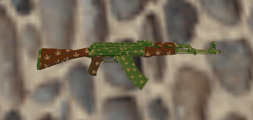 A close-up view of the AK-47 WD skin in Counter-Strike 1.6, featuring a green and brown design with leaf patterns.