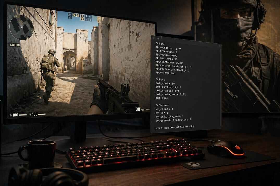 CS2 gaming setup with a server config window showing bot, mp, and sv commands on screen
