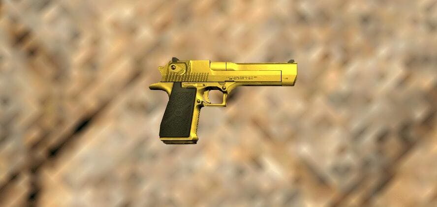 A close-up of the Desert Eagle Gold skin model in Counter-Strike 1.6, displayed in a sandy, textured environment.