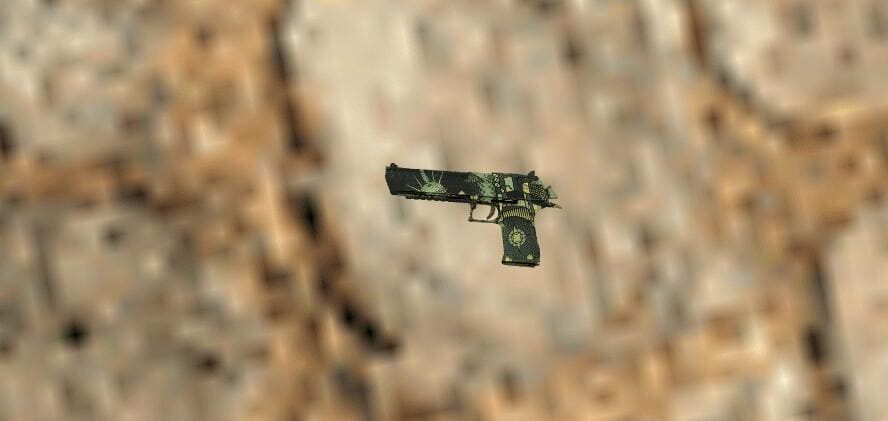 A close-up of the Desert Eagle Sputnik skin model in Counter-Strike 1.6, featuring an intricate design with green and gold accents.