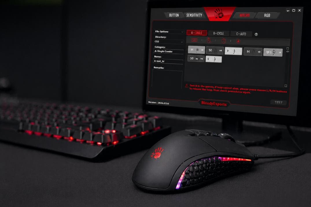 Bloody Esports macro setup on a gaming desk with RGB mouse and keyboard