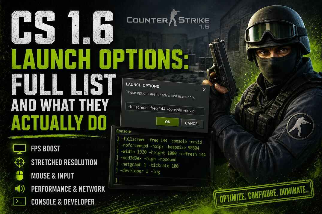 CS 1.6 launch options guide with a Counter-Terrorist, Steam launch parameters and console commands