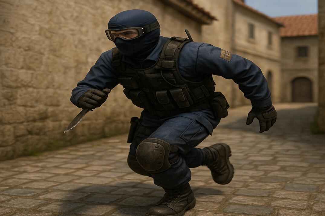Counter-Terrorist running at full speed with a knife in a narrow alley on a classic Counter-Strike 1.6 map, captured in a realistic, high-detail style
