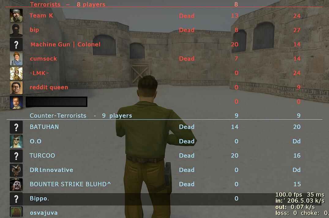 Counter-Strike 1.6 scoreboard with a player using an invisible nickname highlighted in the TAB menu