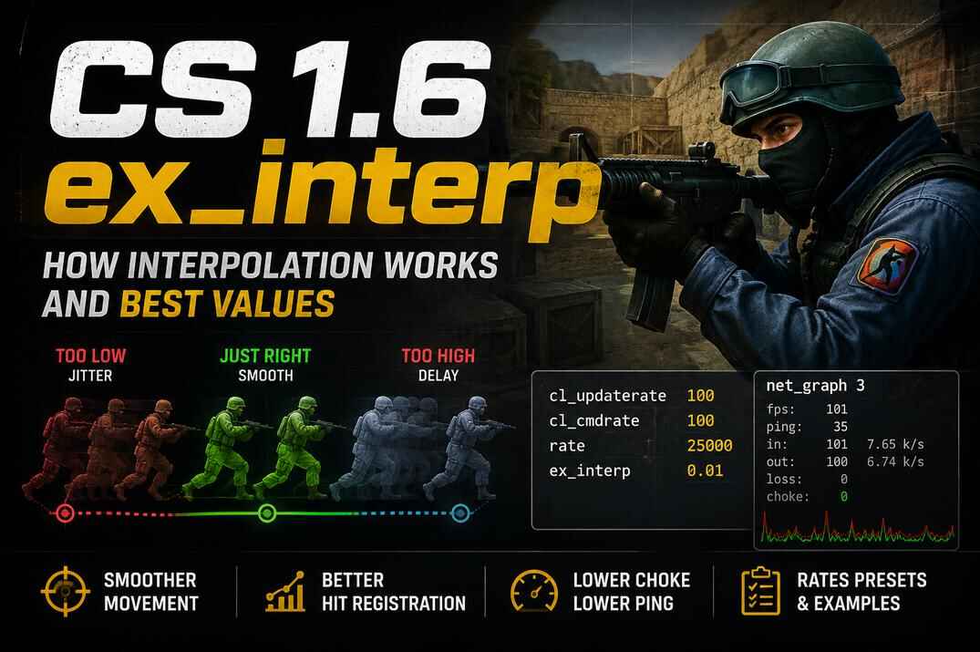 CS 1.6 ex_interp guide image showing a Counter-Strike player, interpolation values, net_graph data, and rate settings