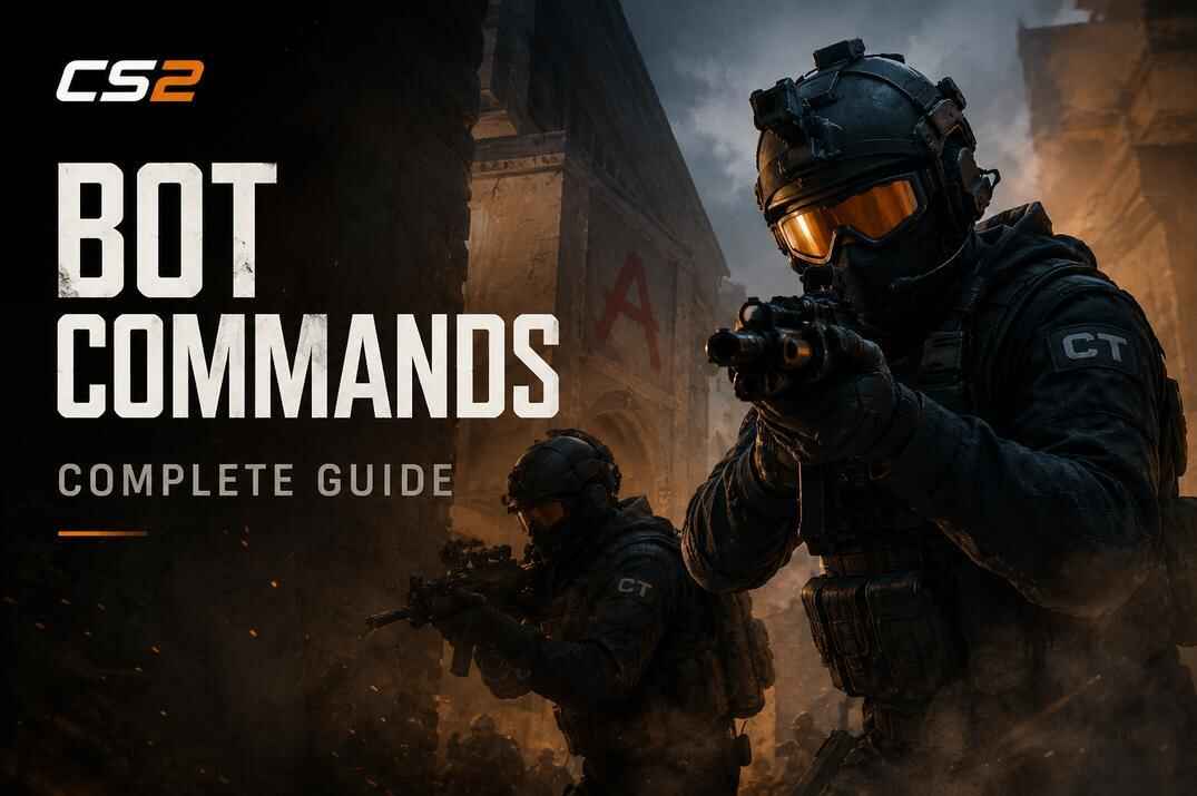 CS2 bot commands guide cover with realistic counter-terrorist soldiers in a dark urban combat scene