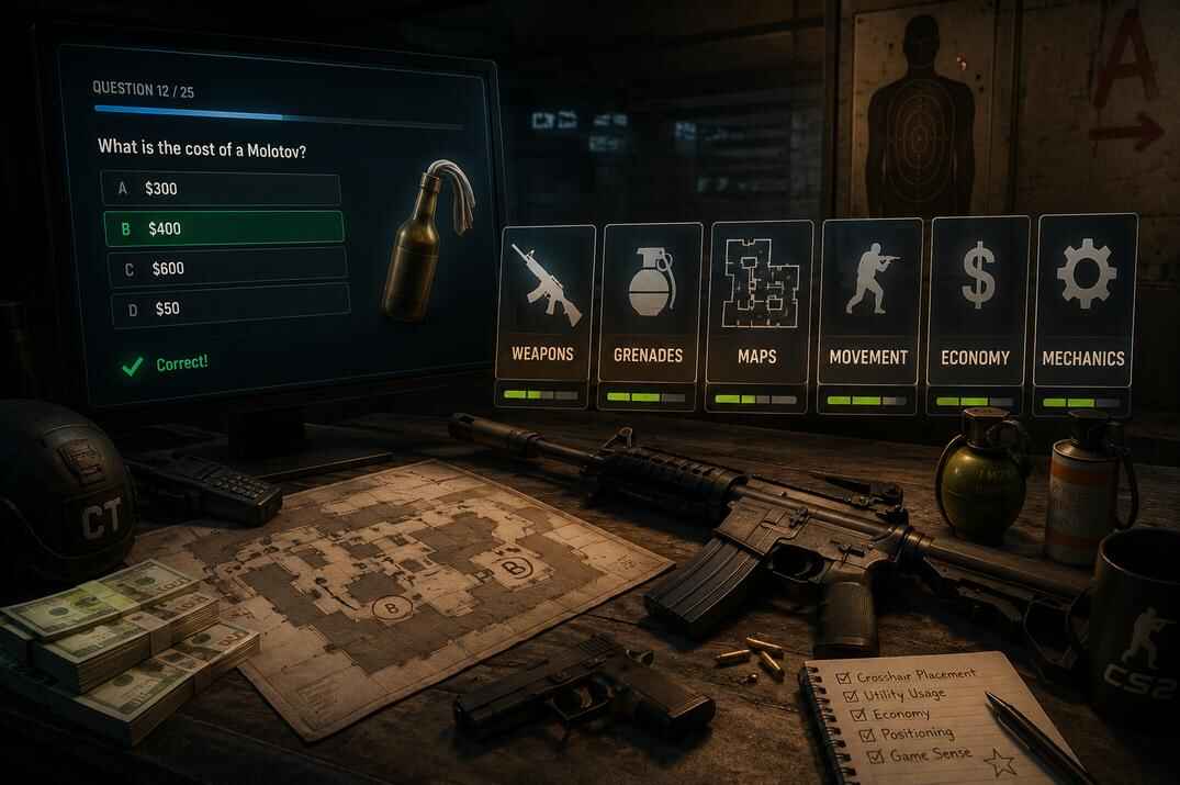 CS2 knowledge quiz scene with weapons, grenades, map layout, economy cash, and answer cards on a tactical desk