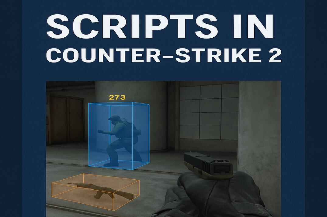 First-person view in Counter-Strike 2 showing an enemy model outlined in an orange hitbox and a dropped weapon outlined in blue, illustrating legal wallhack scripts.