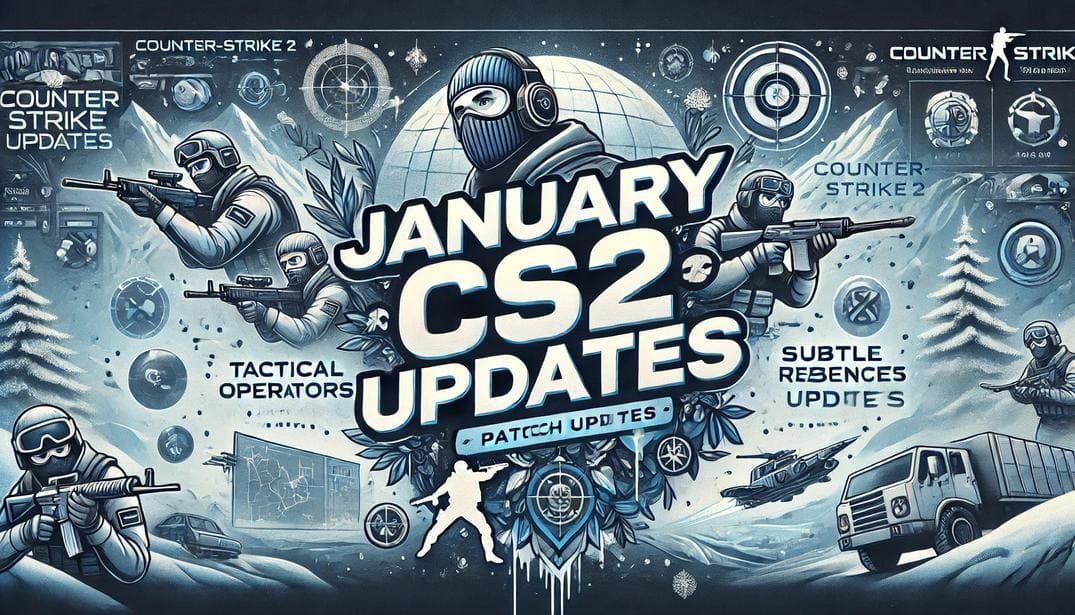 A winter-themed Counter-Strike 2 update banner featuring tactical operators, a blue icy atmosphere, and the bold title 'January CS2 Updates'.