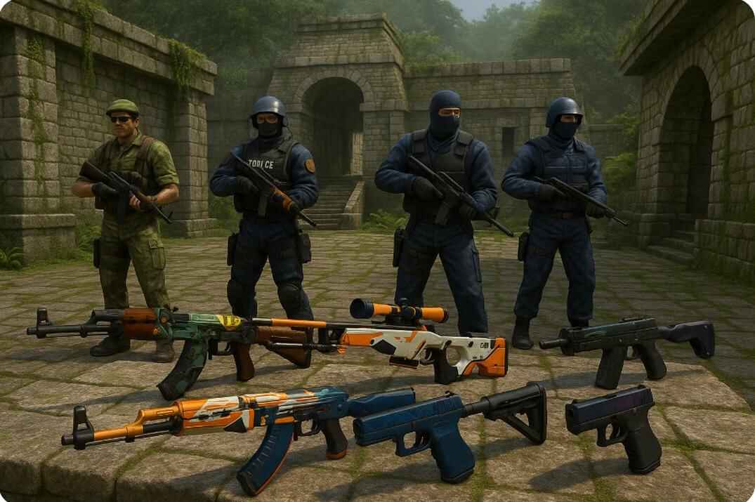 Counter-Strike 1.6 Aztec map scene with classic player models and modern CS:GO / CS2 weapon skins displayed in front