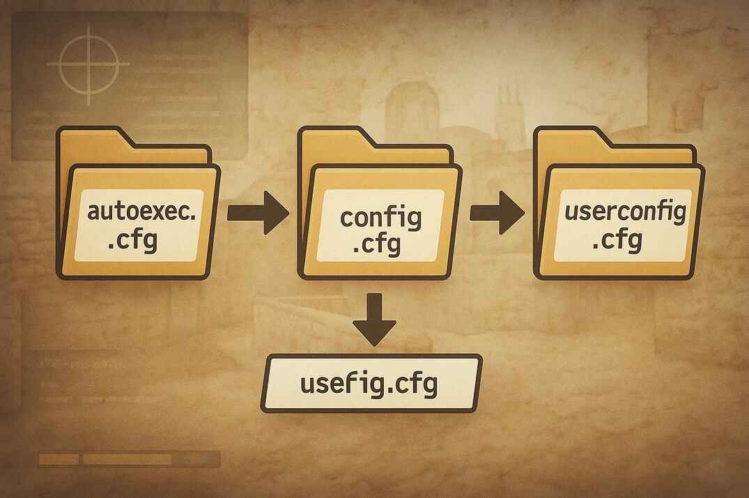 Counter-Strike 1.6 infographic showing config file load order with folders labeled autoexec.cfg, config.cfg, and userconfig.cfg, connected by arrows on a Dust2-style background
