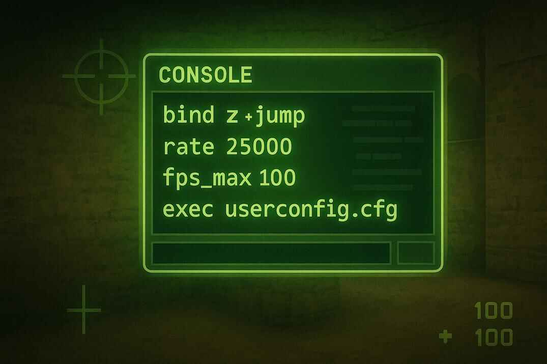 Counter-Strike 1.6 config illustration showing console with commands bind, rate, fps_max, and exec userconfig.cfg, styled on a Dust2-inspired background with HUD elements