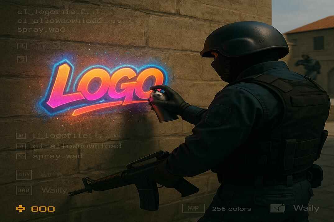 Counter-Strike 1.6 player (CT) spraying a glowing graffiti logo on a wall in the de_dust2 map, with subtle HUD elements and console commands related to spray creation visible in the background