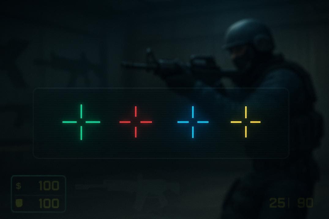 Four colorful crosshairs (green, red, blue, yellow) displayed on a dark Counter-Strike 1.6 themed interface with a CT player aiming in the background and a subtle in-game HUD overlay
