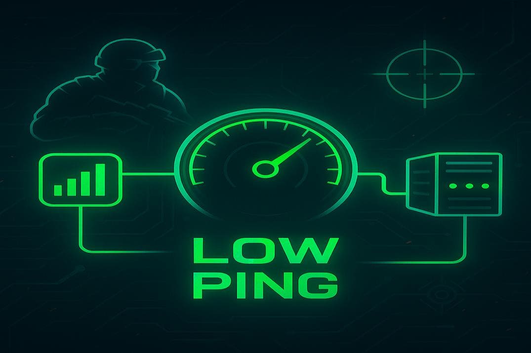 Futuristic gaming illustration showing low ping and smooth connection in Counter-Strike 1.6 with neon green network icons and counter-terrorist silhouette
