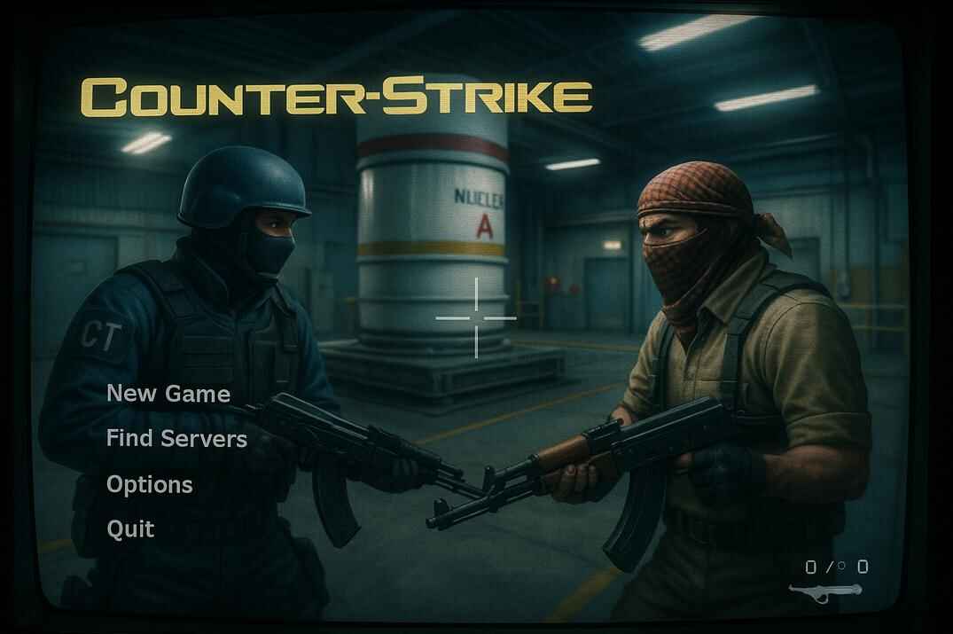Counter-Strike 1.6 main menu background inspired by the Nuke map, showing CT and T agents aiming at each other with a central crosshair and classic HUD overlay