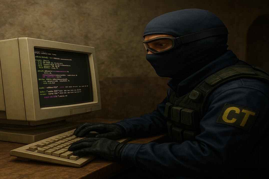 Counter-Strike 1.6 Counter-Terrorist typing scripts on an old CRT computer with alias and bind commands on the screen