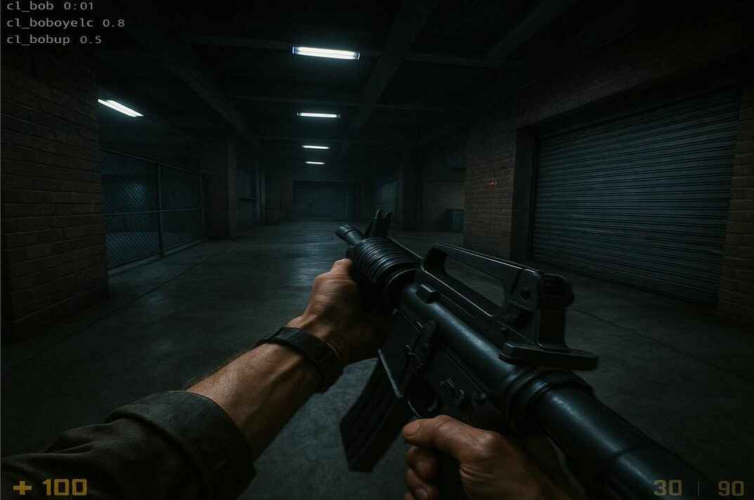 First-person view in Counter-Strike 1.6 showing weapon sway with M4A1 rifle and cl_bob commands displayed on screen