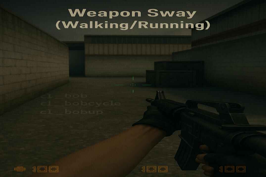 First-person view in Counter-Strike 1.6 showing weapon sway of an M4A1 while walking on a classic map, with a faint console overlay showing commands cl_bob, cl_bobcycle, and cl_bobup