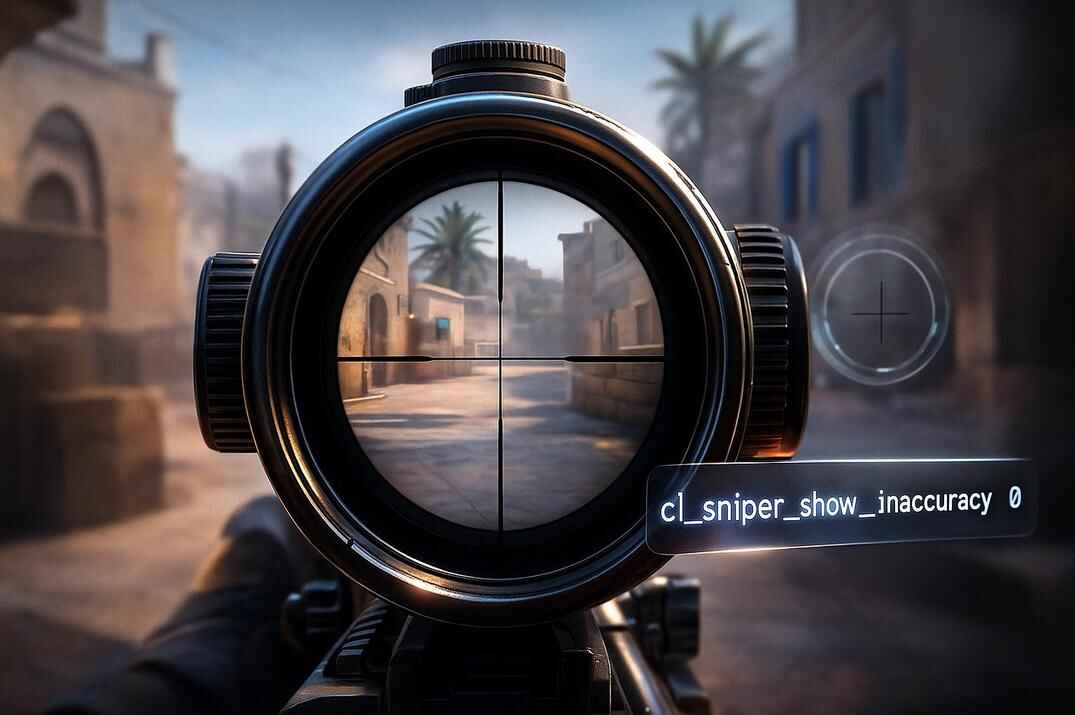 Realistic Counter-Strike 2 AWP scope view on a sunny map with the console command cl_sniper_show_inaccuracy 0 shown on the HUD
