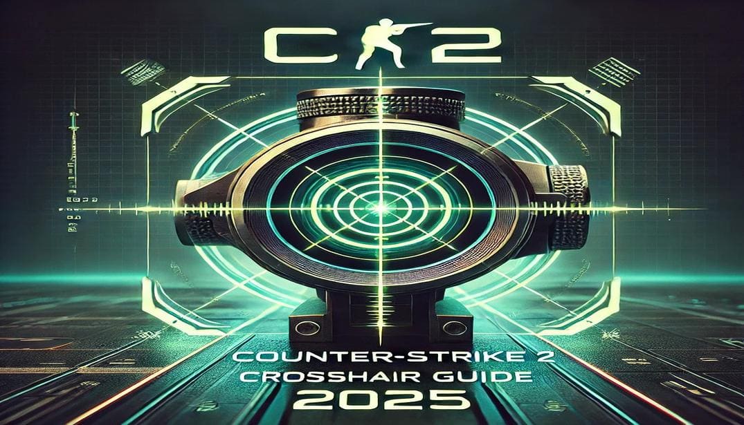 A futuristic gaming-themed title image for 'Counter-Strike 2 Crosshair Guide 2025' featuring a neon green crosshair at the center, with a high-tech background and bold, glowing typography.