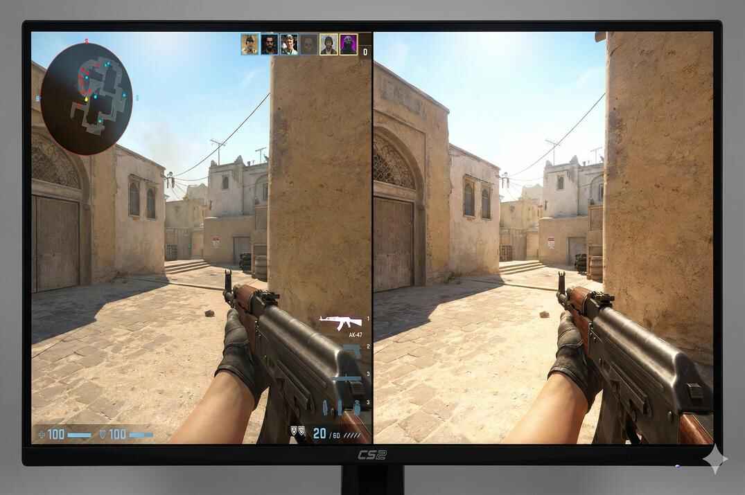 Split-screen comparison of the Counter-Strike 2 HUD showing two different interface layouts during AK-47 gameplay on Dust2