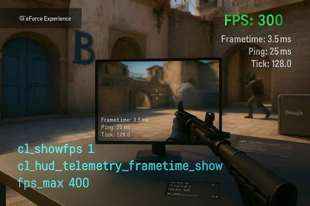 Counter-Strike 2 gameplay view showing FPS counter, frametime, ping, and tick rate overlays with console commands for performance monitoring