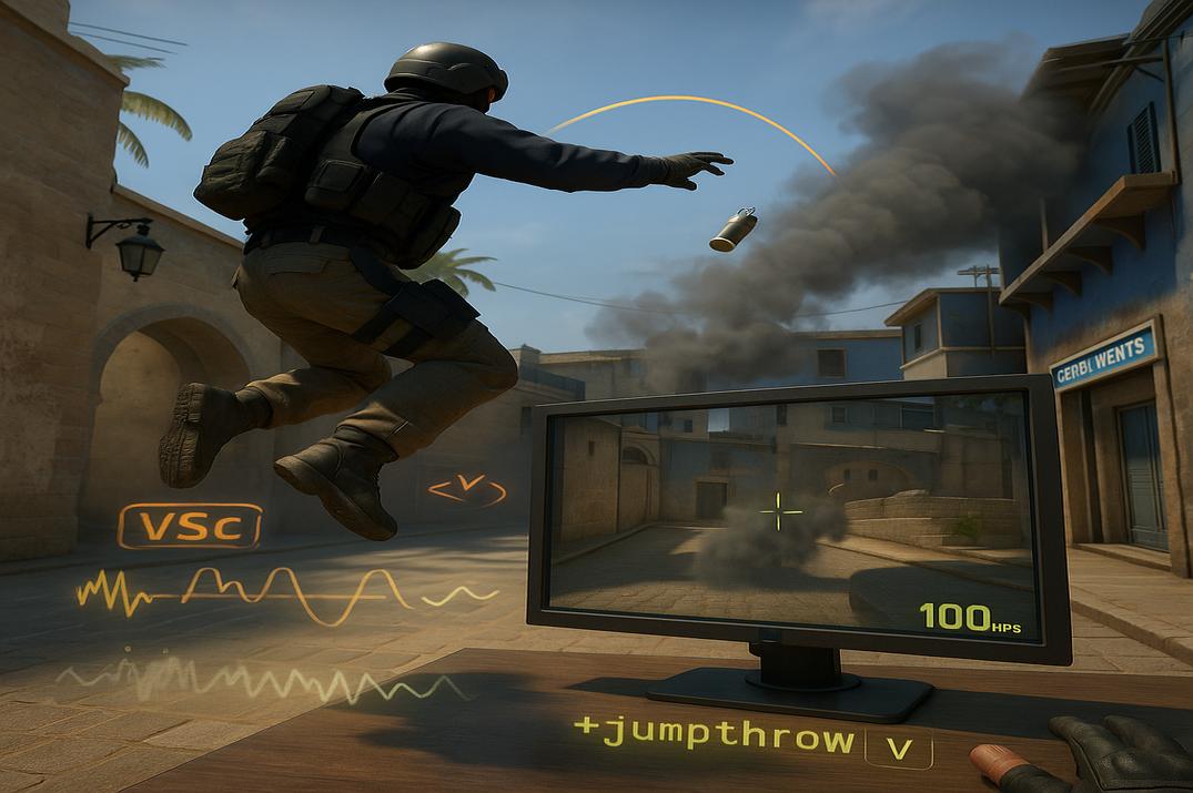 Counter-Strike 2 player performing a jump throw with a smoke grenade mid-air