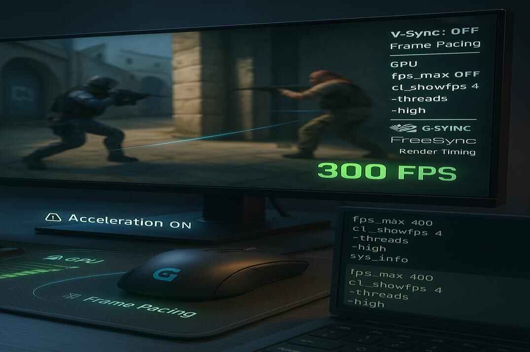 Counter-Strike 2 gaming setup showing optimized performance, smooth gameplay, and stable 300 FPS on-screen