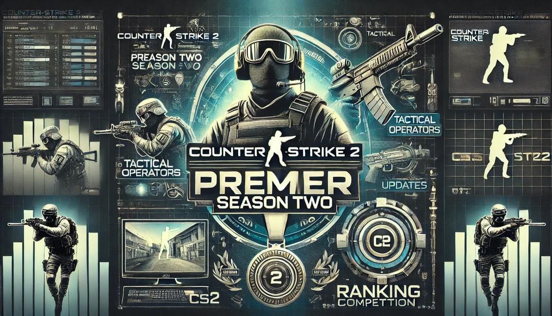 A dynamic Counter-Strike 2 banner showcasing Premier Season Two with tactical operators, a ranking medal, and a futuristic gaming atmosphere. The title 'Counter-Strike 2 Premier Season Two' is displayed in bold, modern typography.